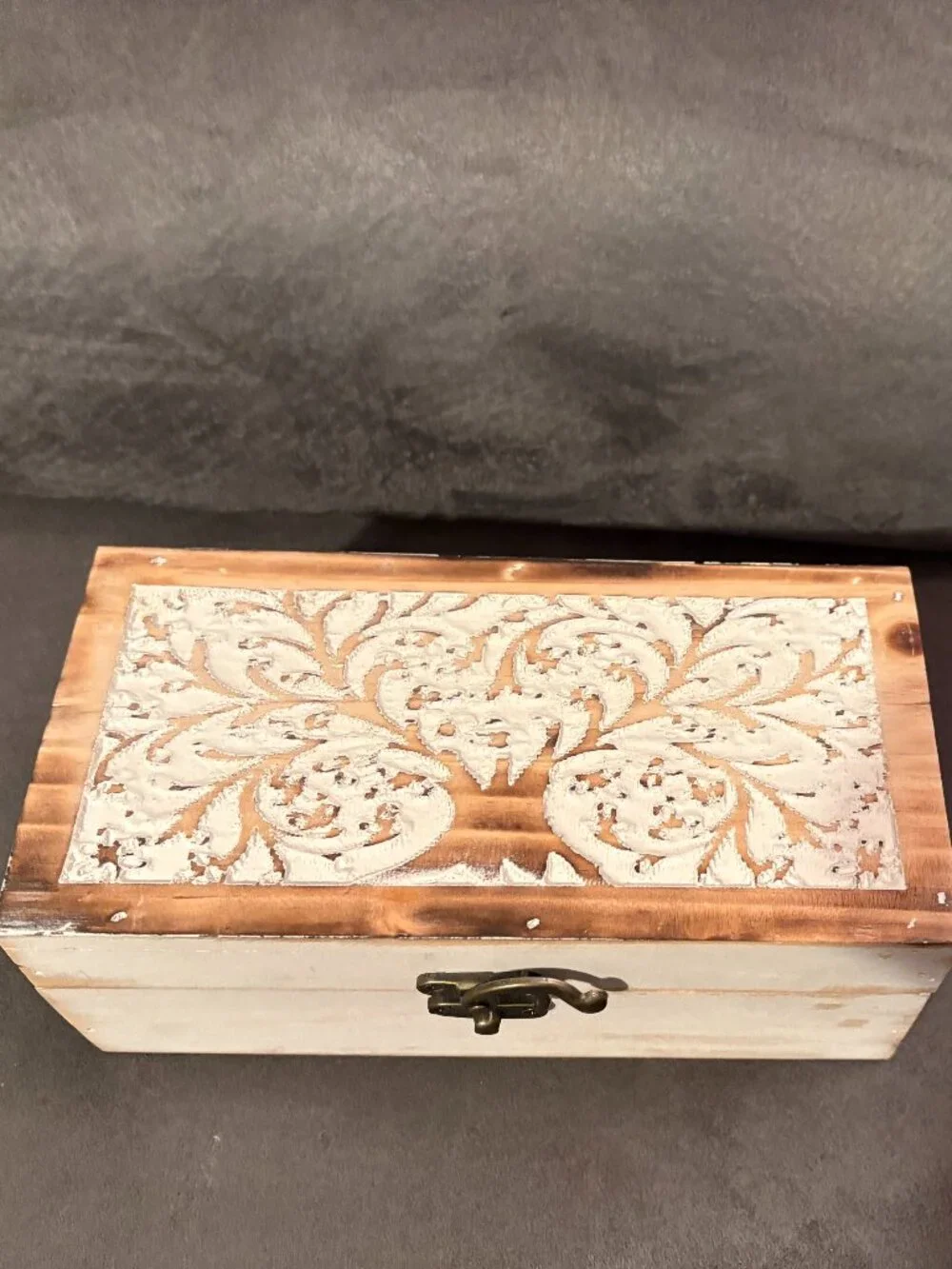 Carved Mango Wooden Box-Rustic Farmhouse w/ Hinged Lid-Whitewashed-8